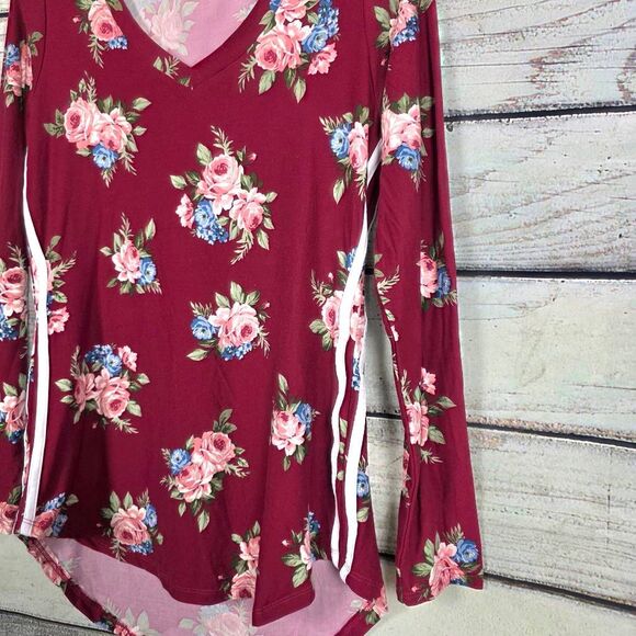 No Comment Womens Floral Long Sleeve Top Maroon M - Picture 2 of 8